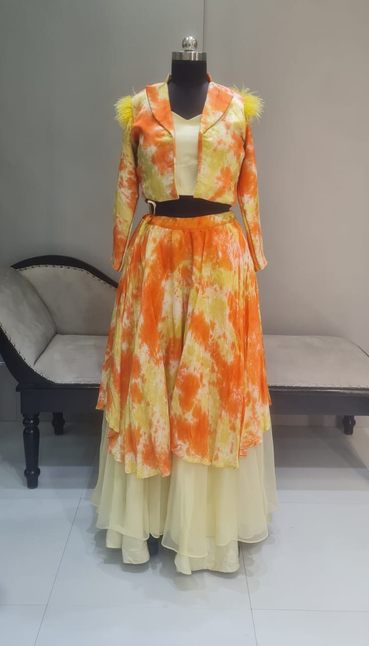 YELLOW ORENGE MARBLE DYED JACKET LEHENGA  CHOLI