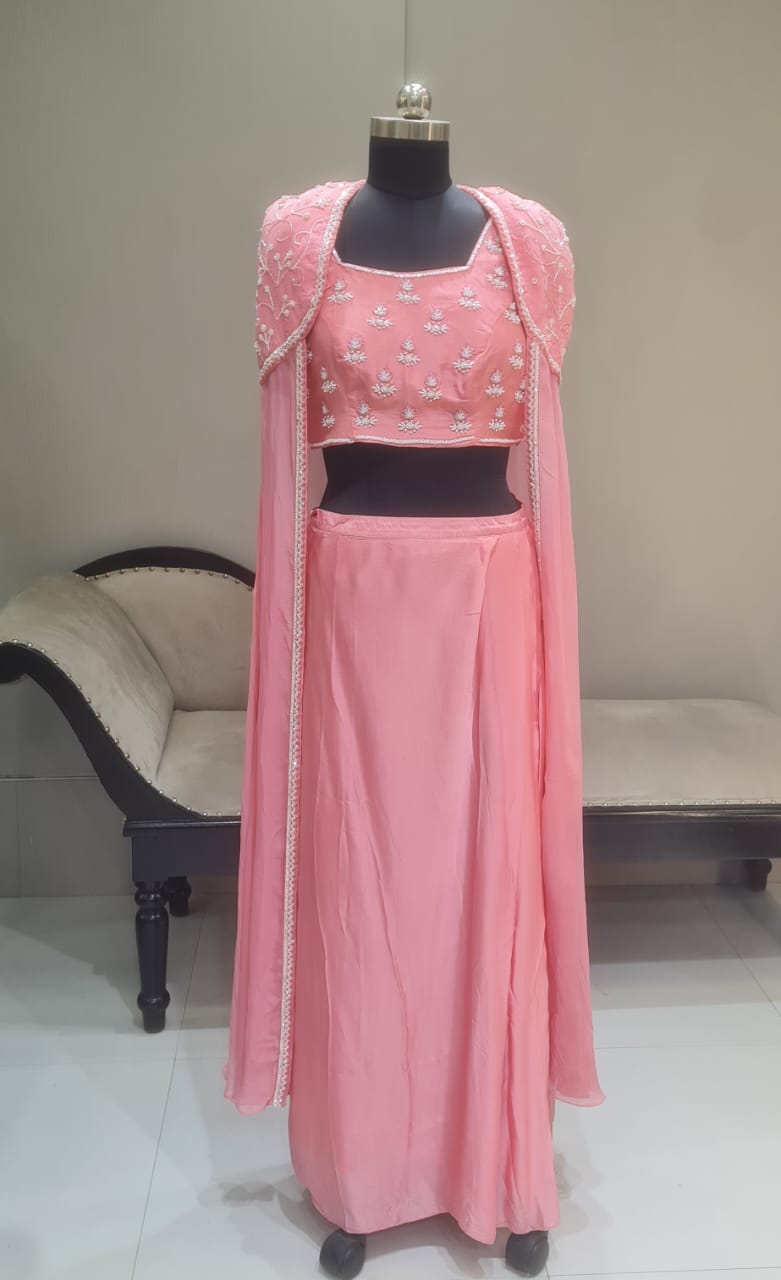 PINK LONG CAPE INDOWESTERN LEHENGA CHOLI