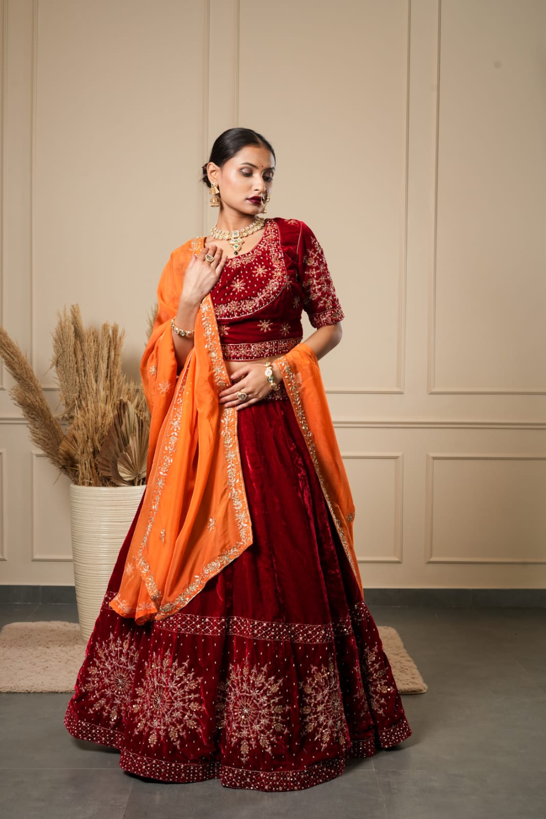 RED BRIDAL VELVET LEHENGA CHOLI