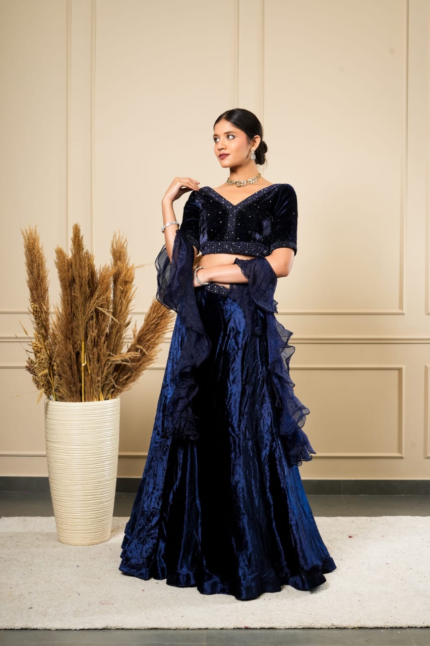BLUE VELVET WORK BLOUSE WITH RUFFEL DUPATTA