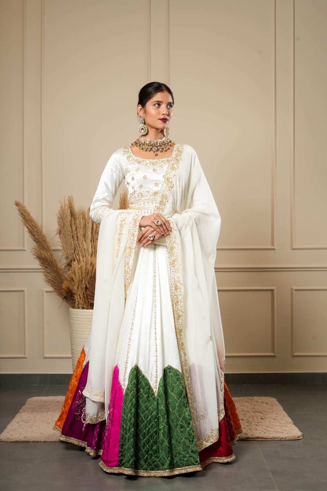 WHITE COLORFULL KALI LEHENGA CHOLI
