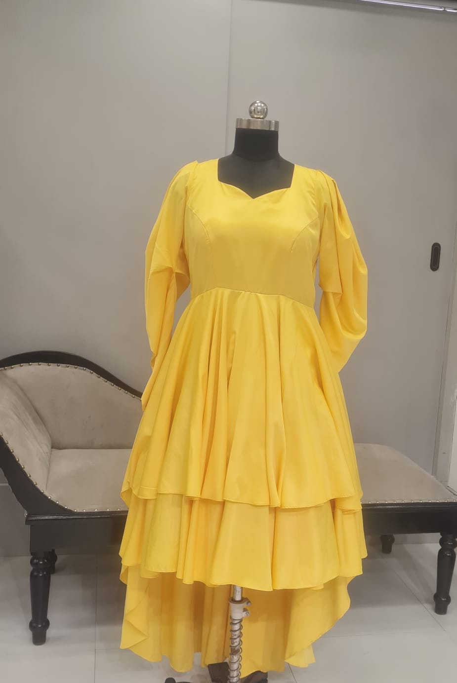 YELLOW PLAIN HIGH LOW GOWN