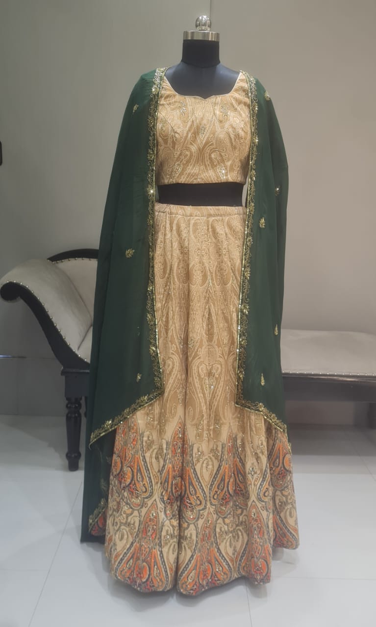 ORANGE AND GREEN DIGITAL PRINTED LEHENGA CHOLI