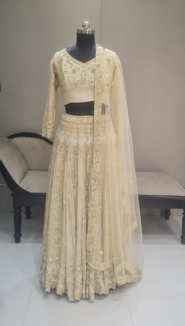 CREAM KALKI  HEAVY WORLK FULL SLEEVES LEHENGA CHOLI