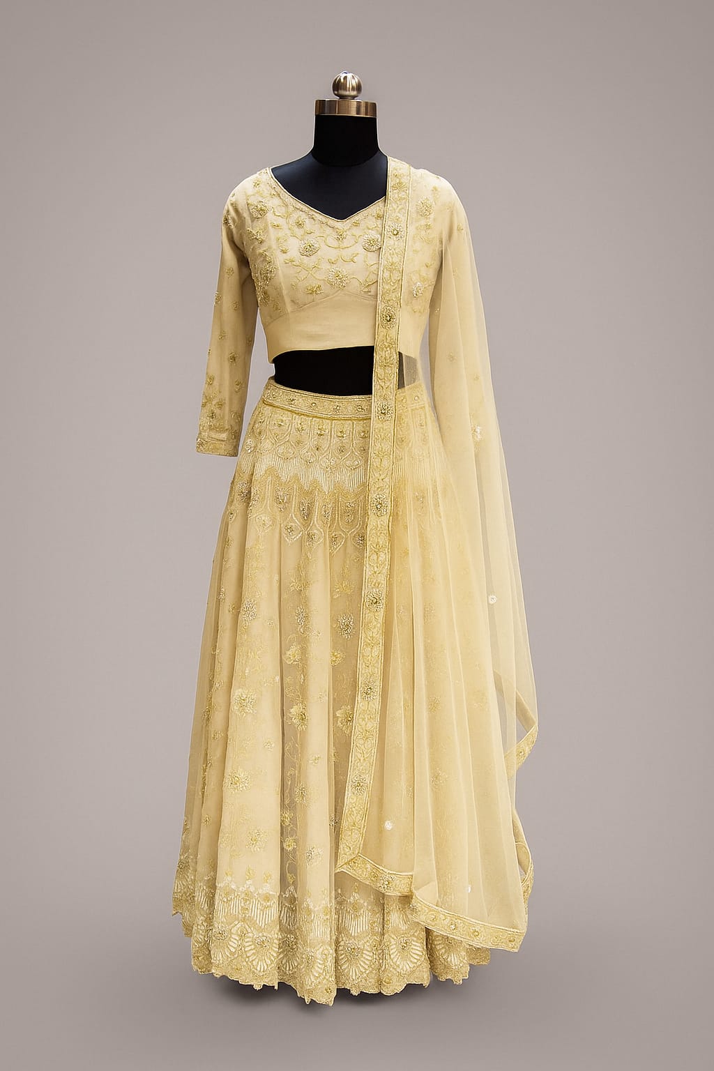 CREAM KALKI  HEAVY WORLK FULL SLEEVES LEHENGA CHOLI