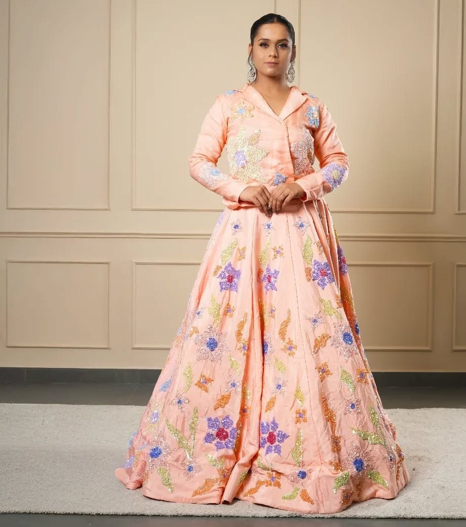 PEACH PURPLE GREEN BEAD WORK LEHENGA CHOLI
