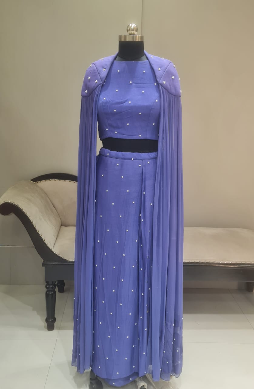 PURPLE  WHITE PEARL CAPE LEHENGA CHOLI