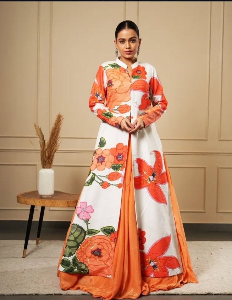 WHITE AND ORANGE FLOWER LONG JACKET LEHENGA