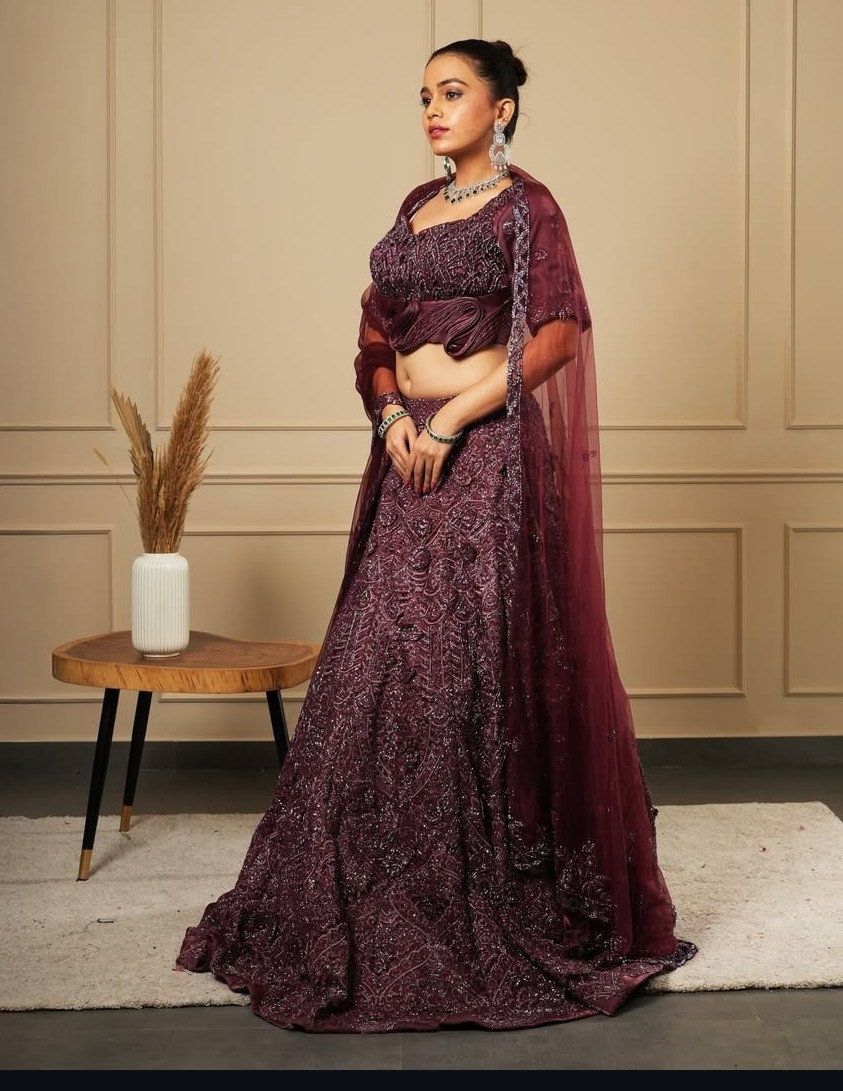 WINE SELF CUT WORK LEHENGA CHOLI