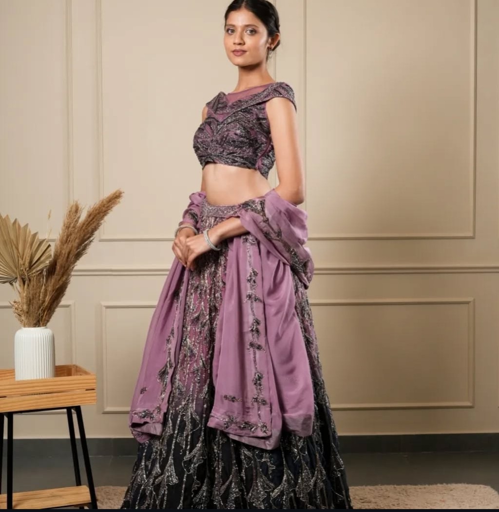 WINE SHADED SELF KAEDANA WORK LEHENGA CHOLI