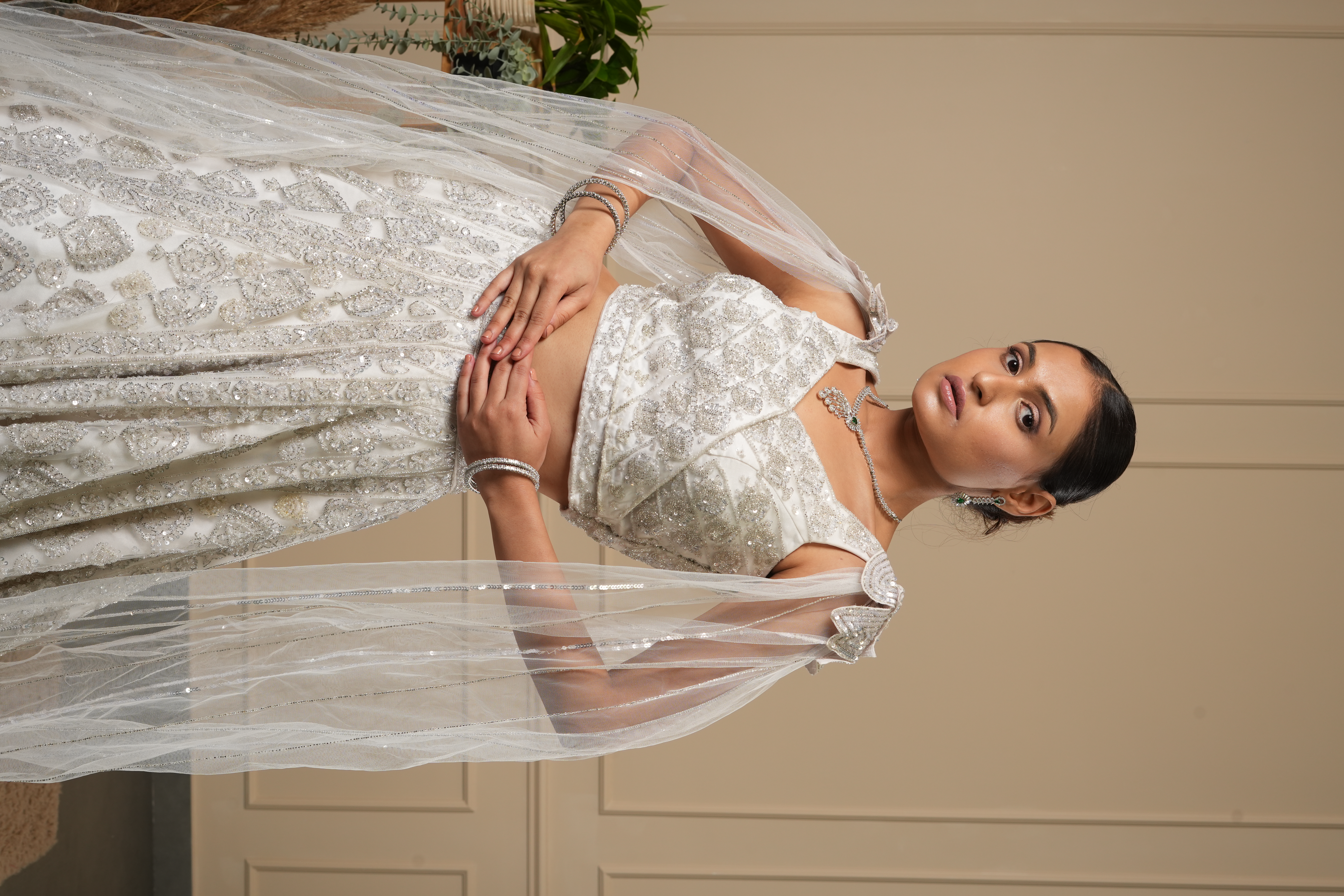 WHITE SILVER BEAD WORK FALLING SLEEVES LEHENGA CHOLI