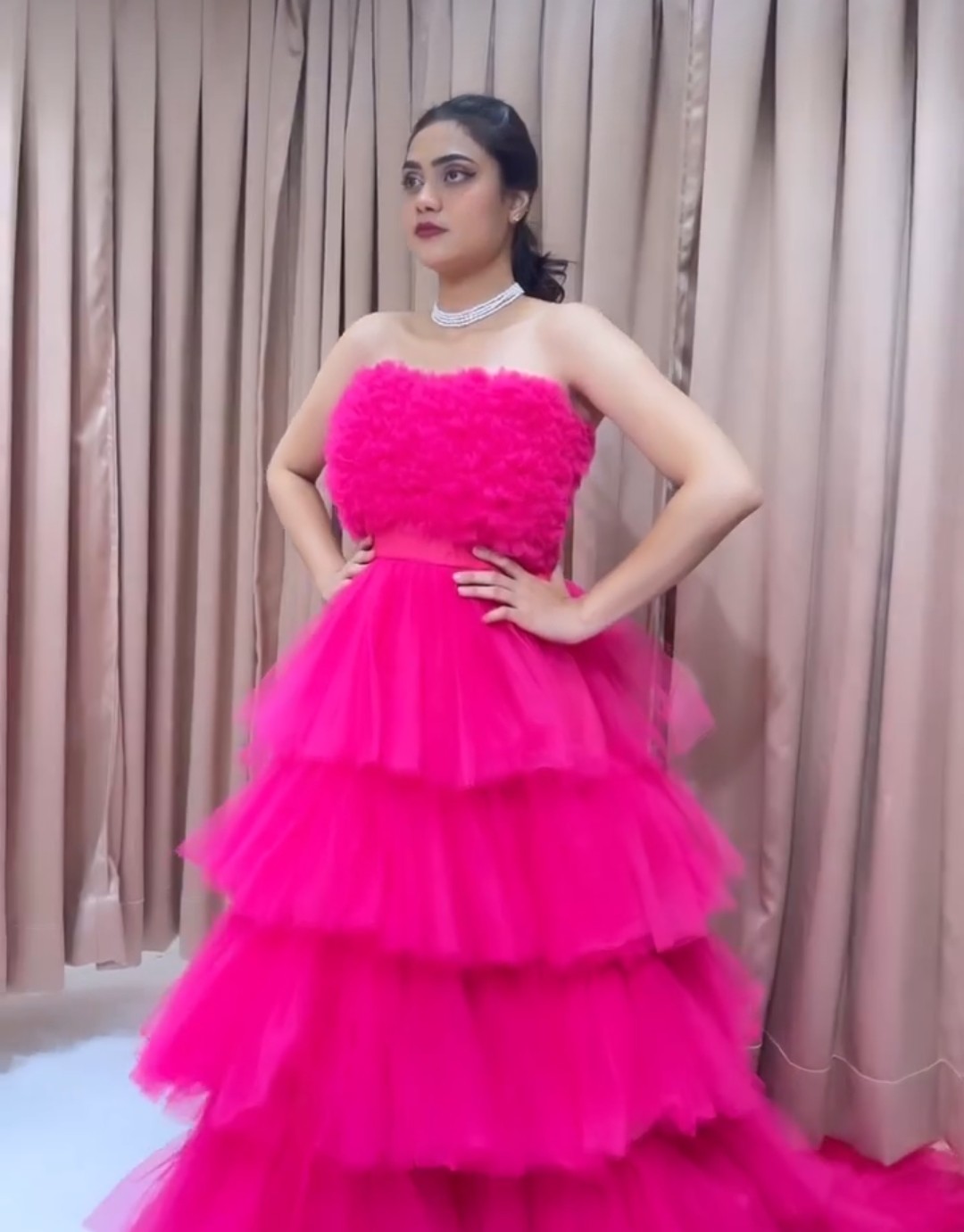PINK NET RUFFEL GOWN 