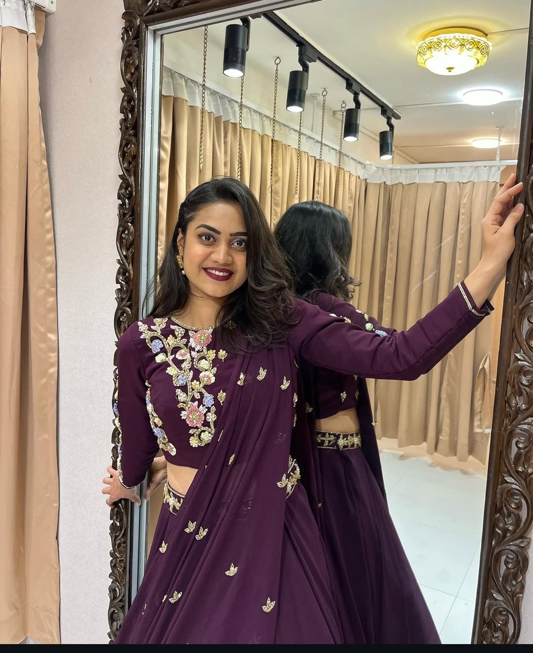 WINE FLOWER THREAD WORK LEHENGA