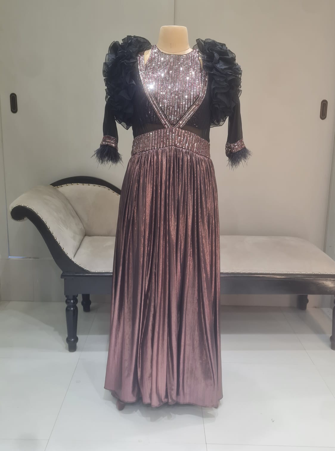 BLACK SILVER RUFFEL SLEEVES GOWN