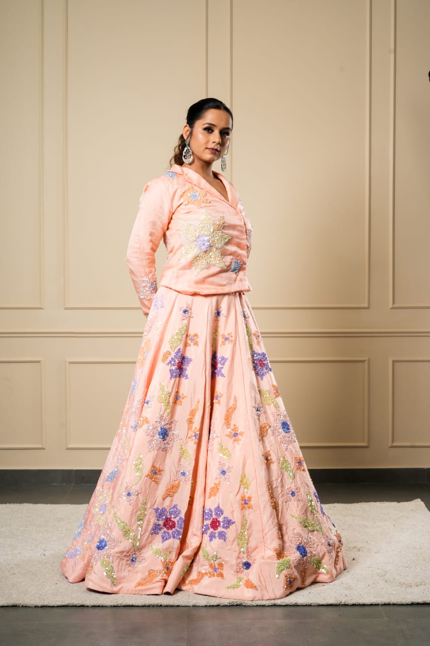 PEACH CARNIVAL APPLIQUE WORK LEHENGA CHOLI
