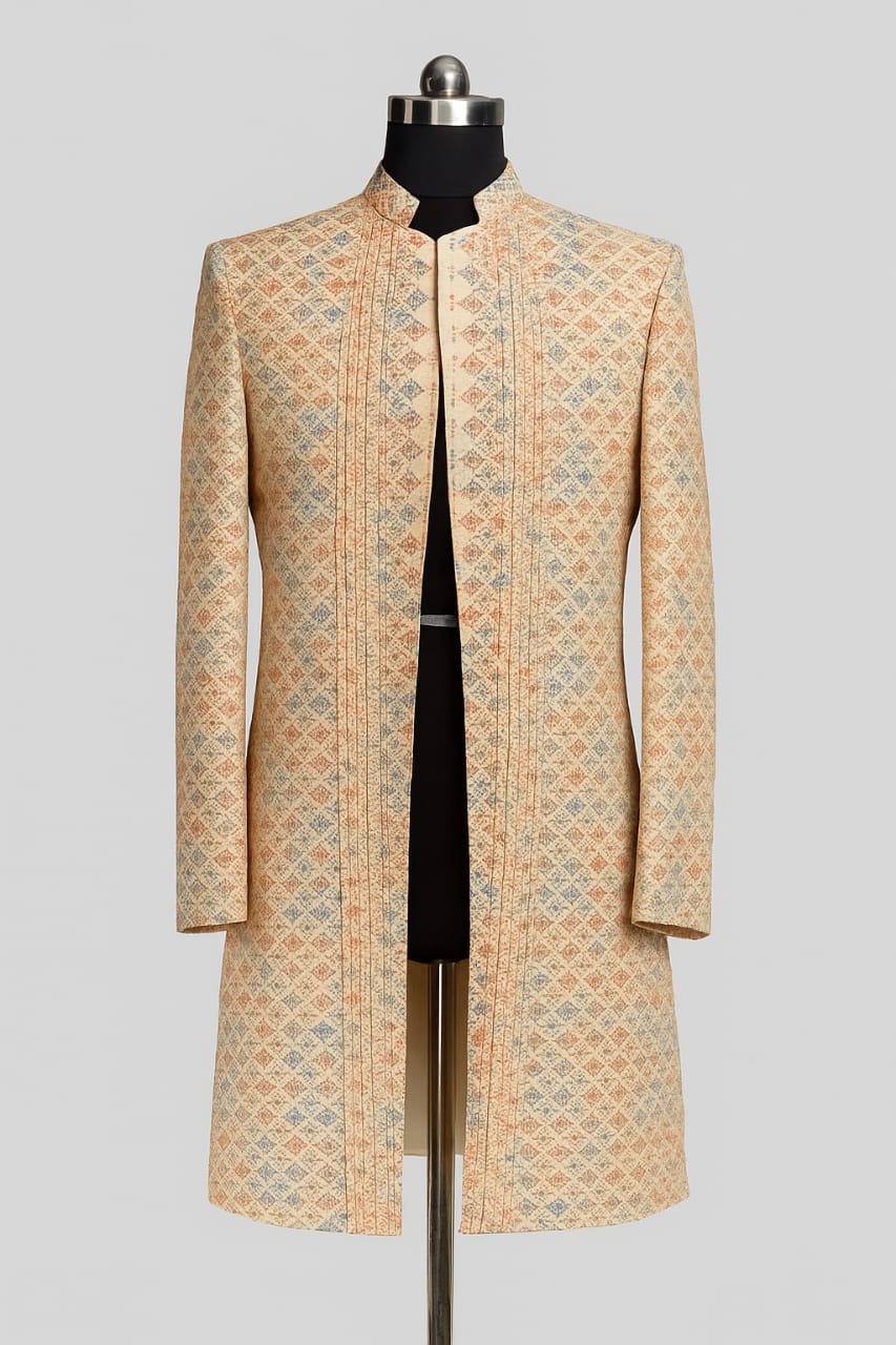BLUSH PINK MULTICOLOUR PATTERN PINTUCKES ON OPENING OF JACKET SHERWANI SET