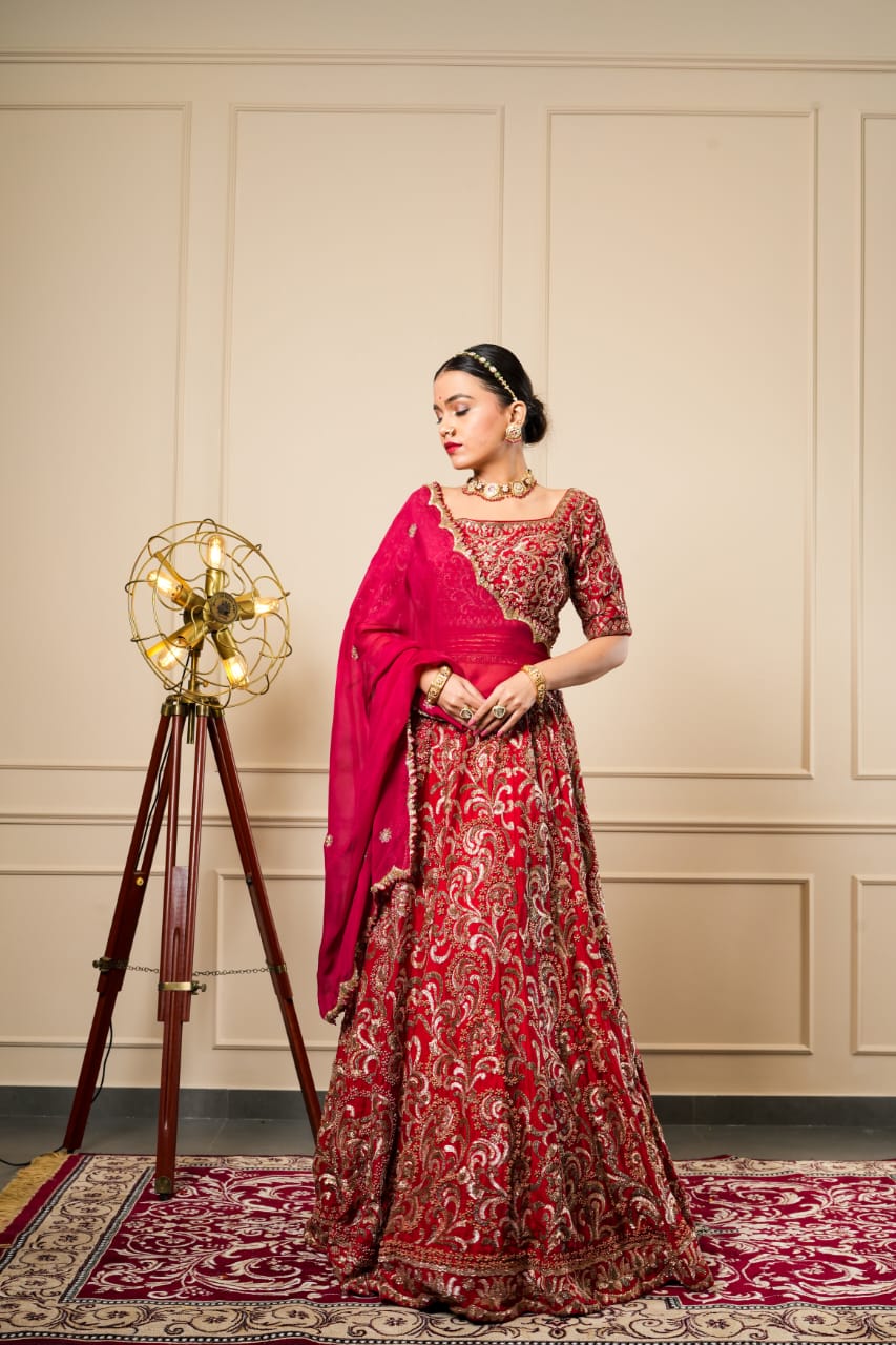 RED BRONZE ZARDOSI LEHENGA CHOLI