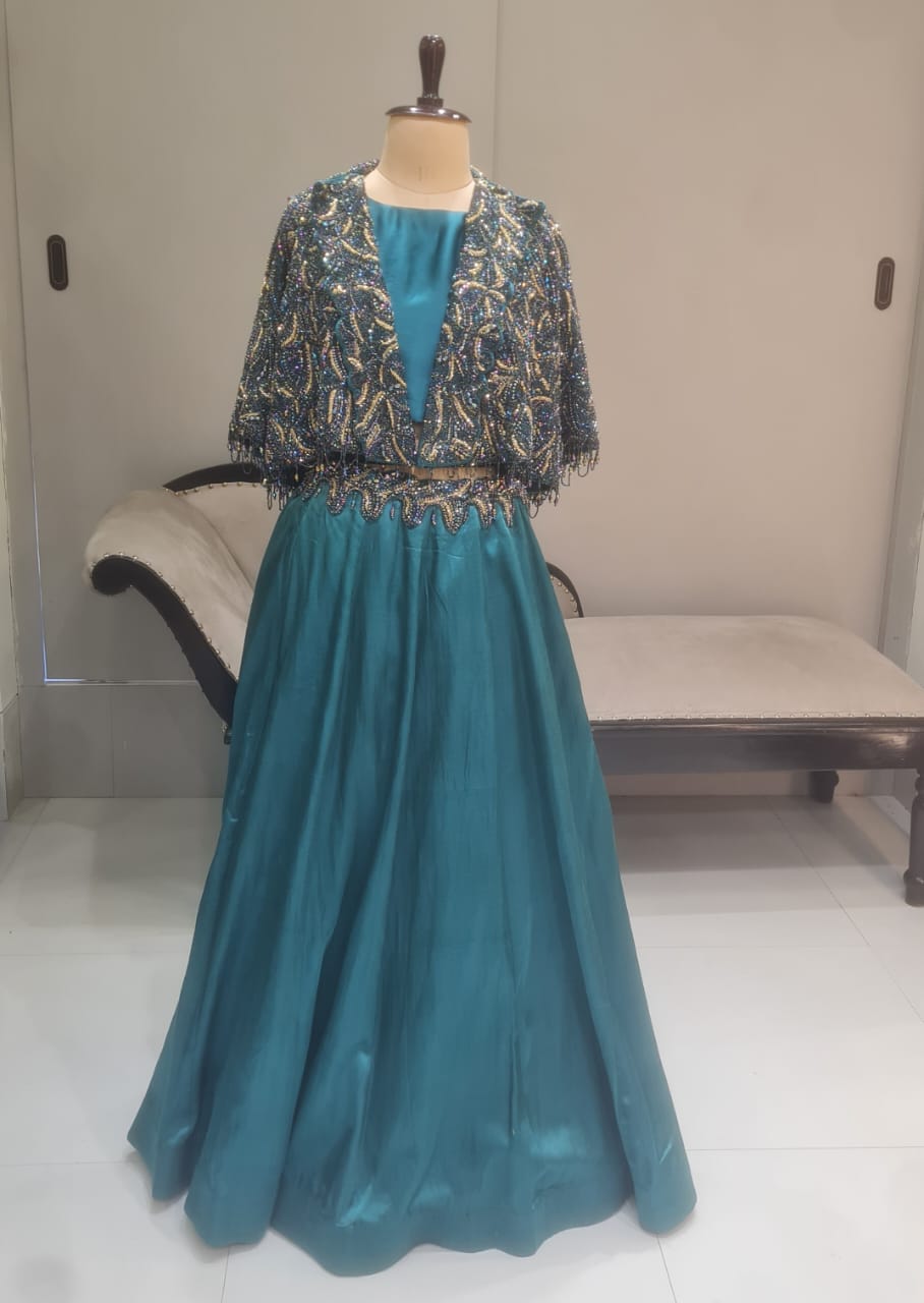 BLUE WITH HEAVY BEADED CAPE WITH LEHENGA