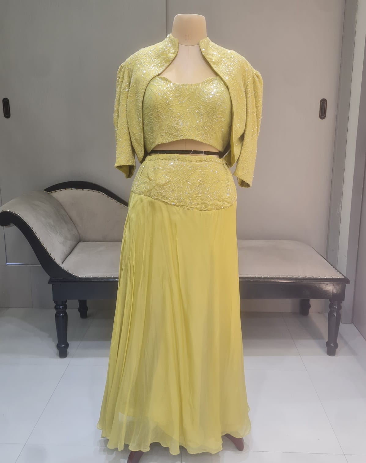 PALE GREEN SELF JACKET LEHENGA