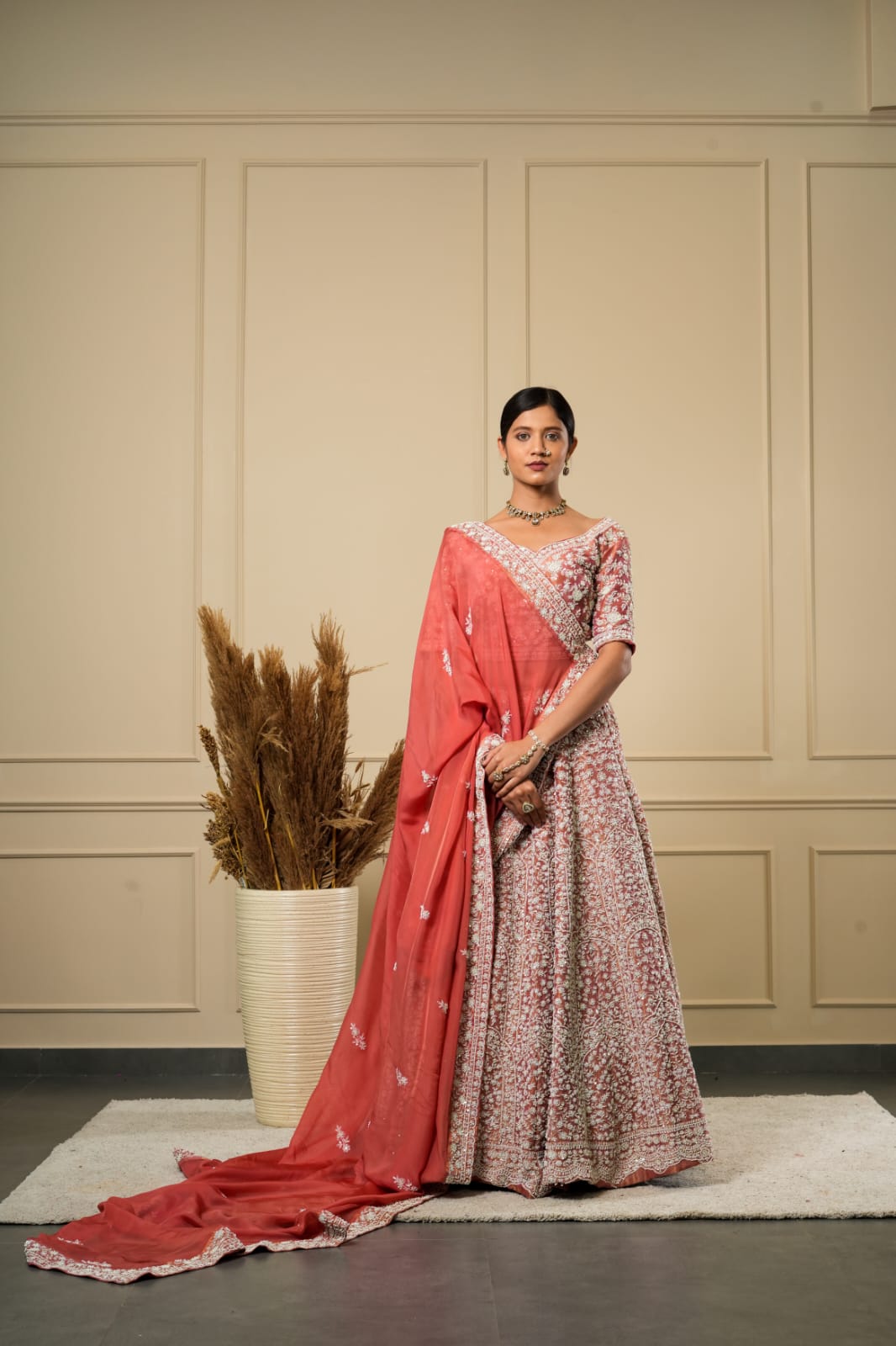 SALMON PINK WHITE BEAD WORK LEHENGA CHOLI