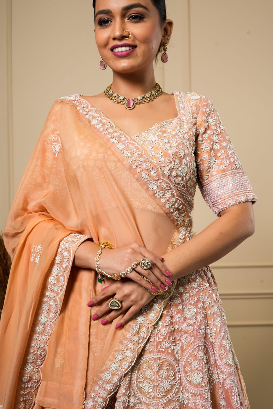 PEACH WHITE BEAD WORK LEHENGA