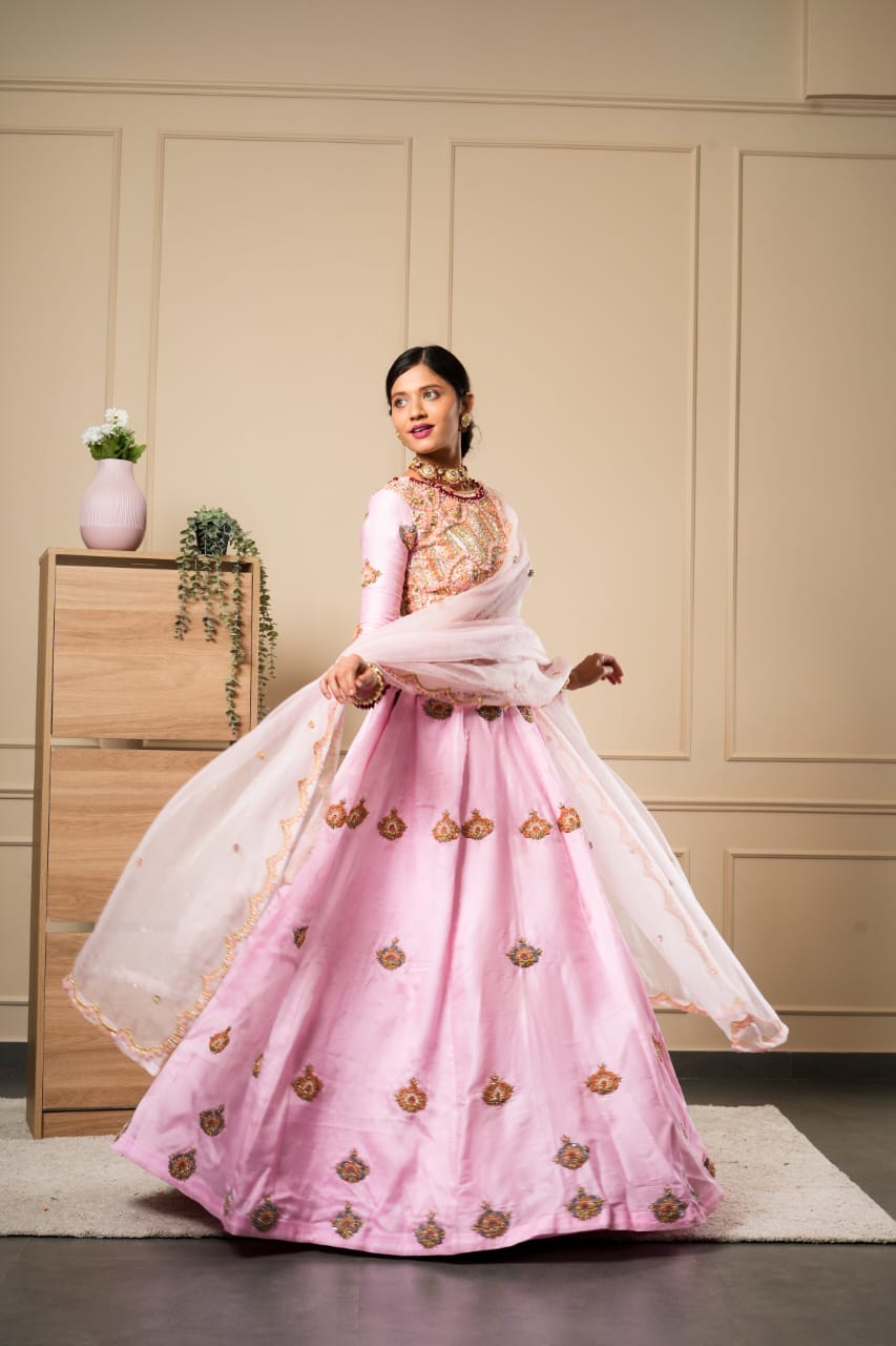 PINK INDOWESTERN WORK ON LEHENGA CHOLI