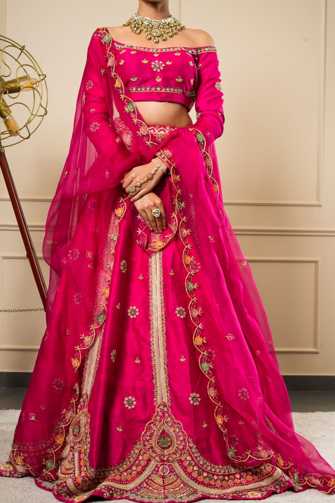PINK BRIDAL HEAVY KALI AND SCALLOP WORK LEHENGA CHOLI