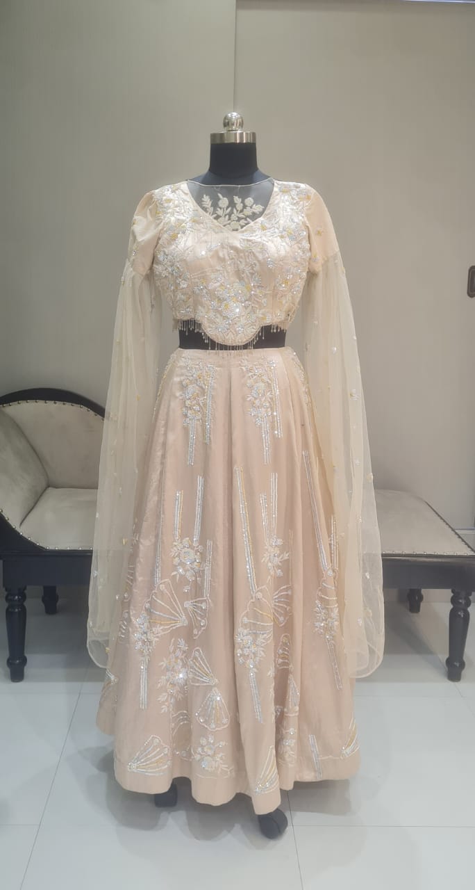 BLUSH PINK FALL SLEEVES MULTICOLOR SEQUEN LEHENGA CHOLI