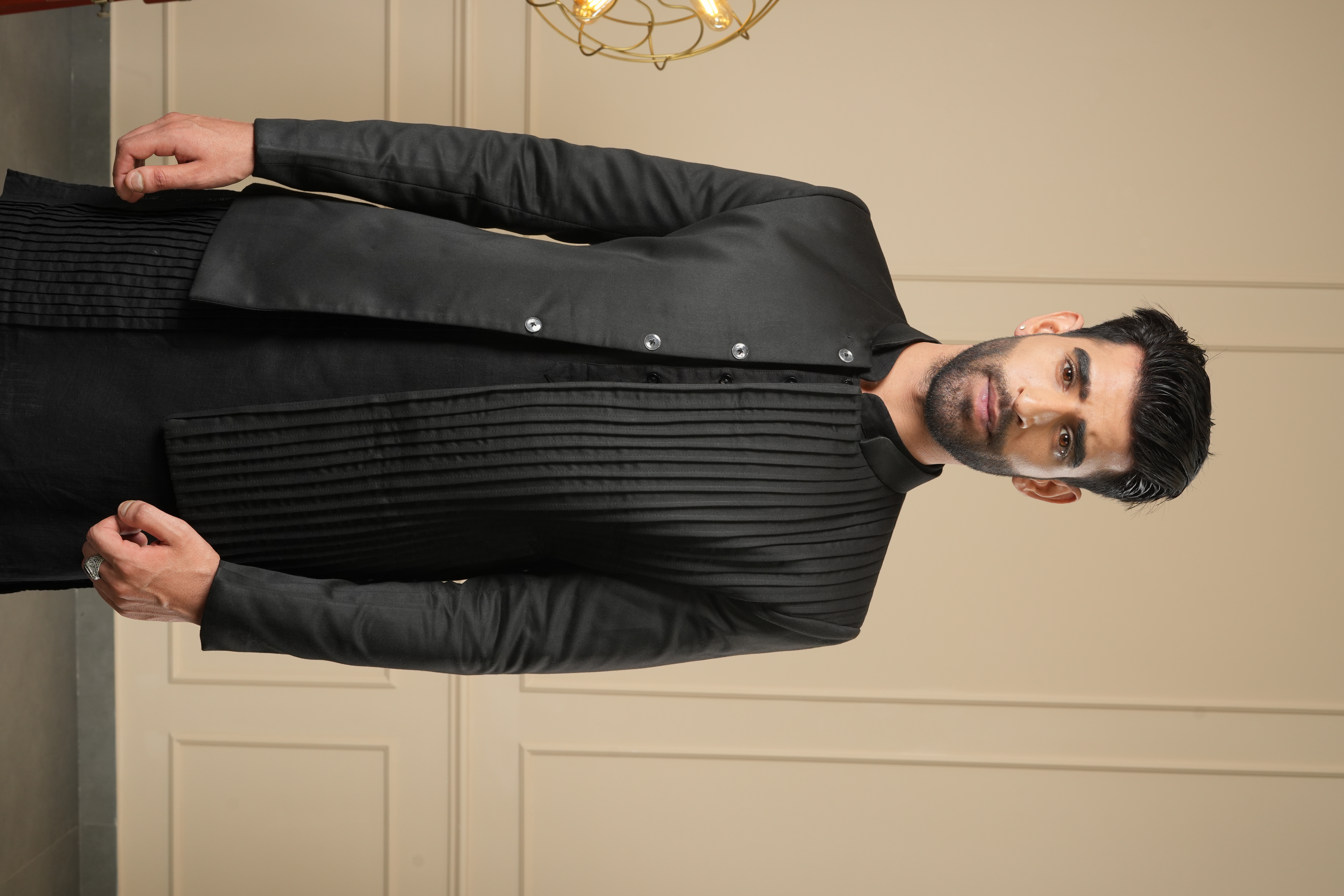 BLACK PIN TUCKS SHERWANI SET
