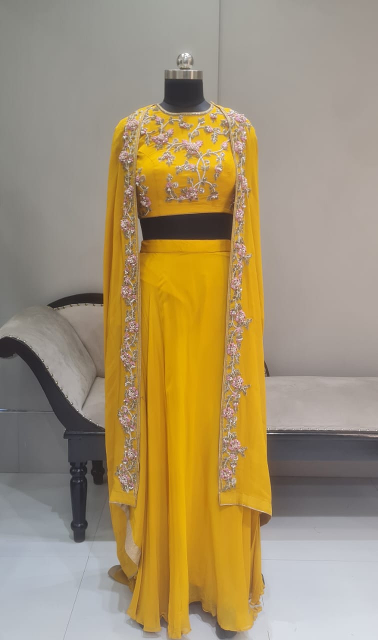YELLOW  LEHENGA WITH PINK SILVER  WORK