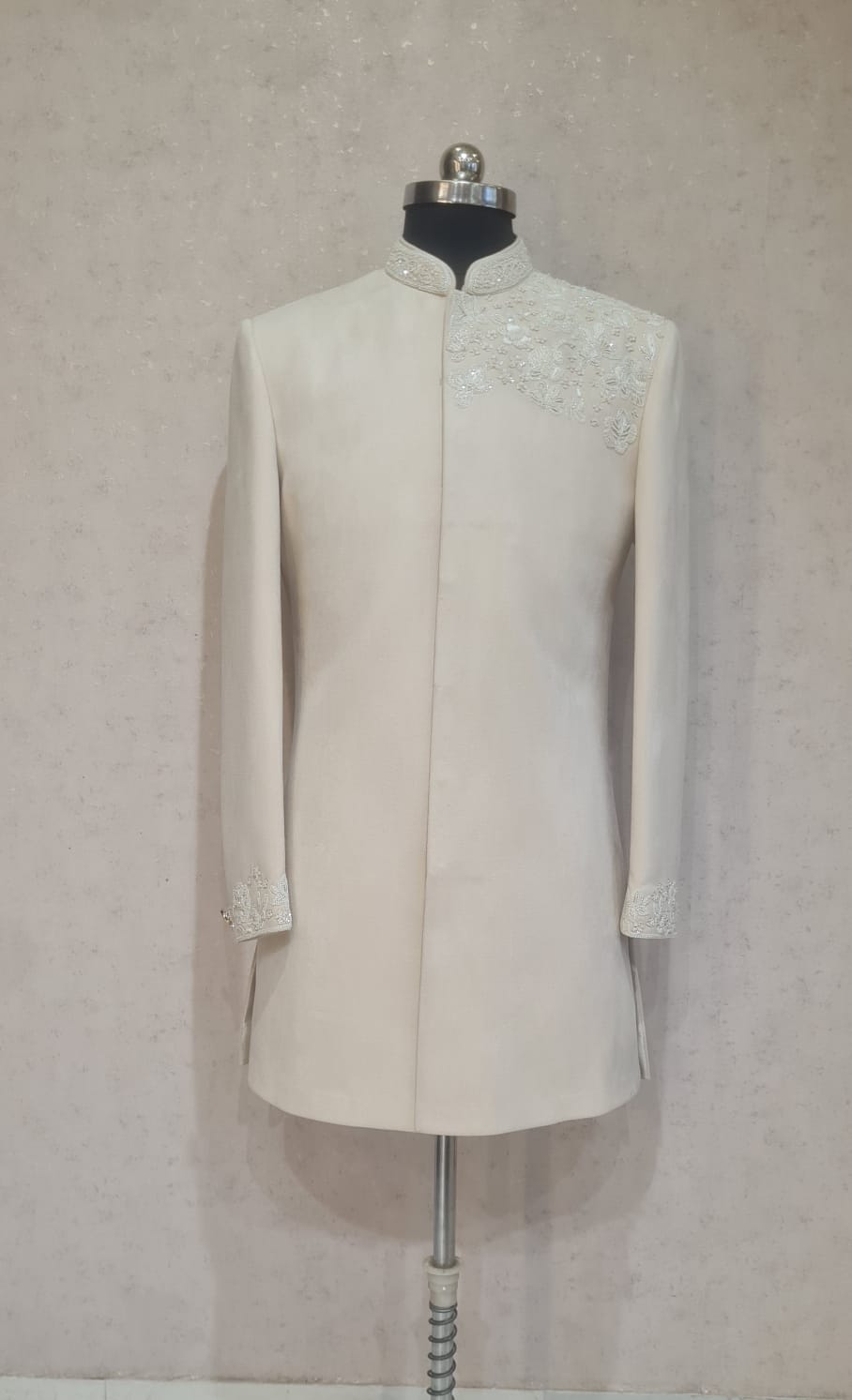 IVORY SUEDE WORK SELF WORK SHERWANI