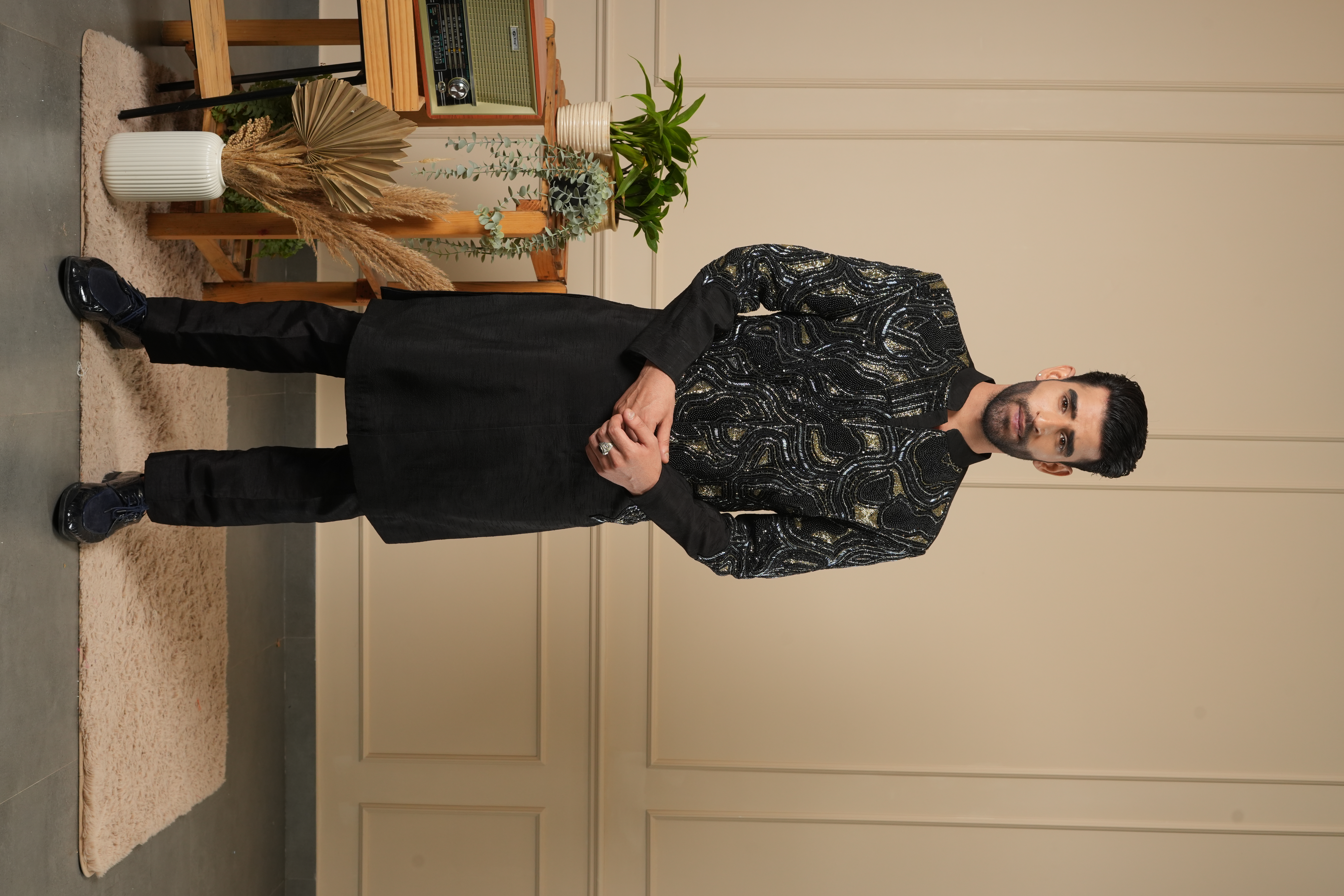 BLACK AND GOLD HEAVY WORK ON SLEEVES AND BODY SHERWANI SET