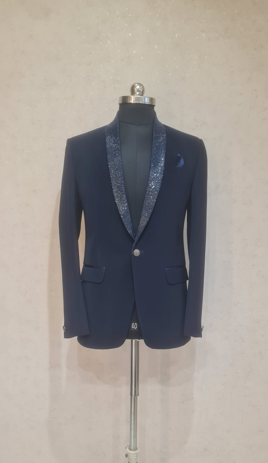 BLUE SELF WORK ON COLLAR TUXEDO SET