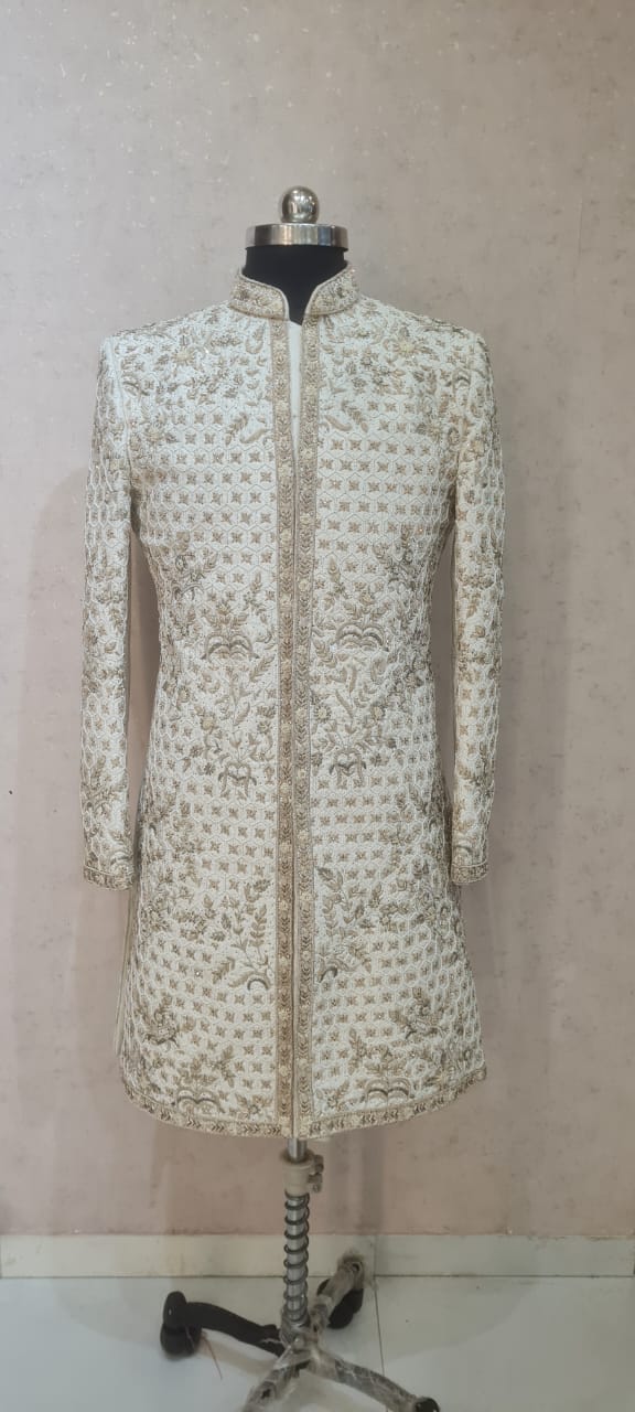 CREAM RUSTIC ZARZOSI HEAVY WORK SHERWANI SET