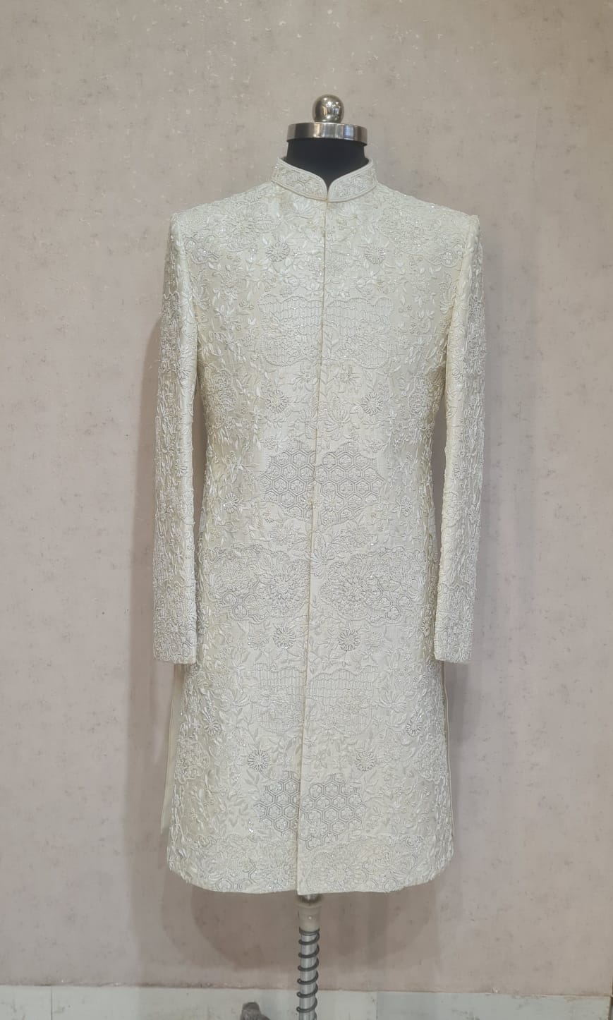 CREAM THREAD WITH BEAD WORK SHERWANI SET