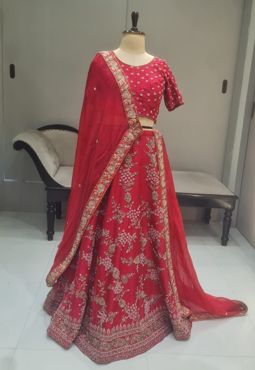 RED PEARL ZARDOSI FLOWER WORK LEHENGA CHOLI