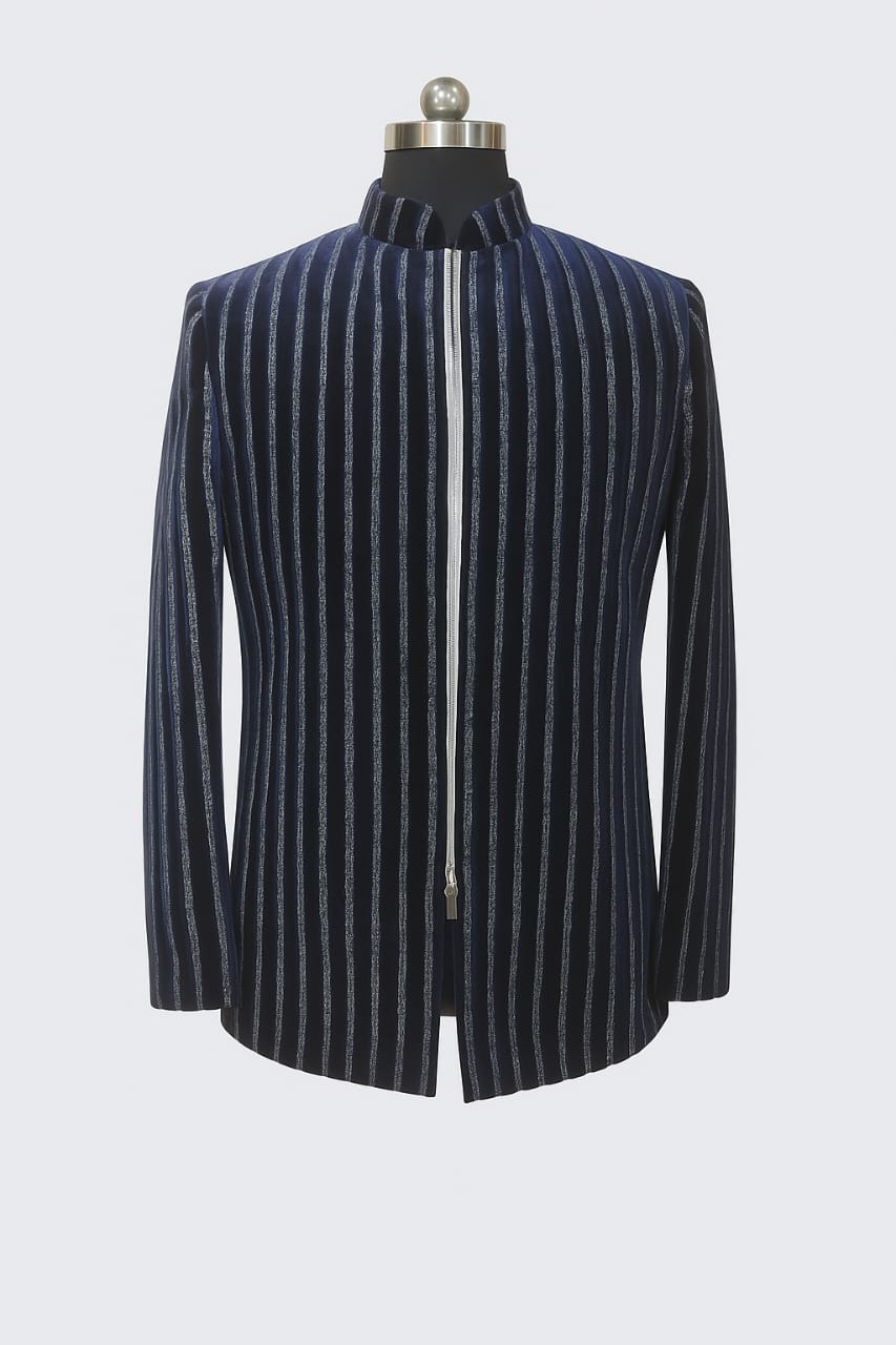 BLUE SILVER STRIPE JACKET SET WITH ZIP 