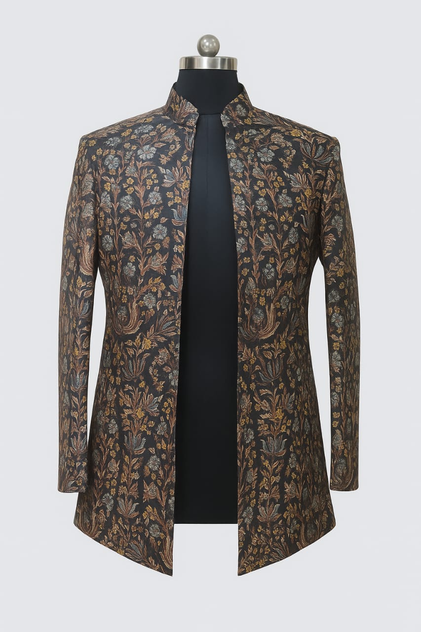 BROWN FLORAL PRINTRD JACKET SET WITH ZIP