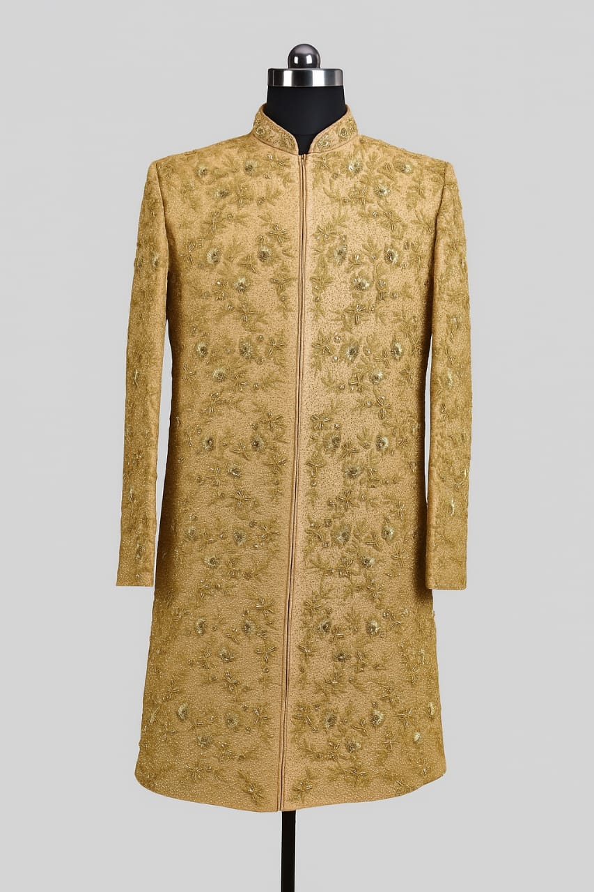 NUDE GOLD EMBROIDERED GROOM SHERWANI SET