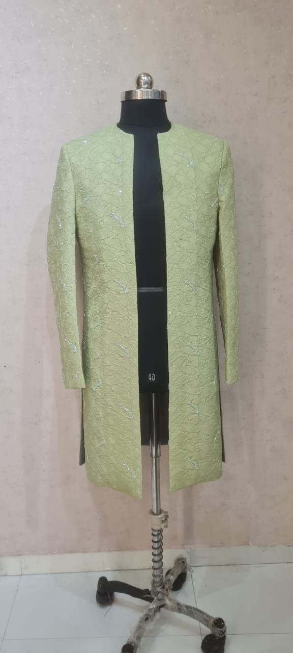 PISTA  GREEN GINKO LEAF HIGHLITED WORK SHERWANI SET