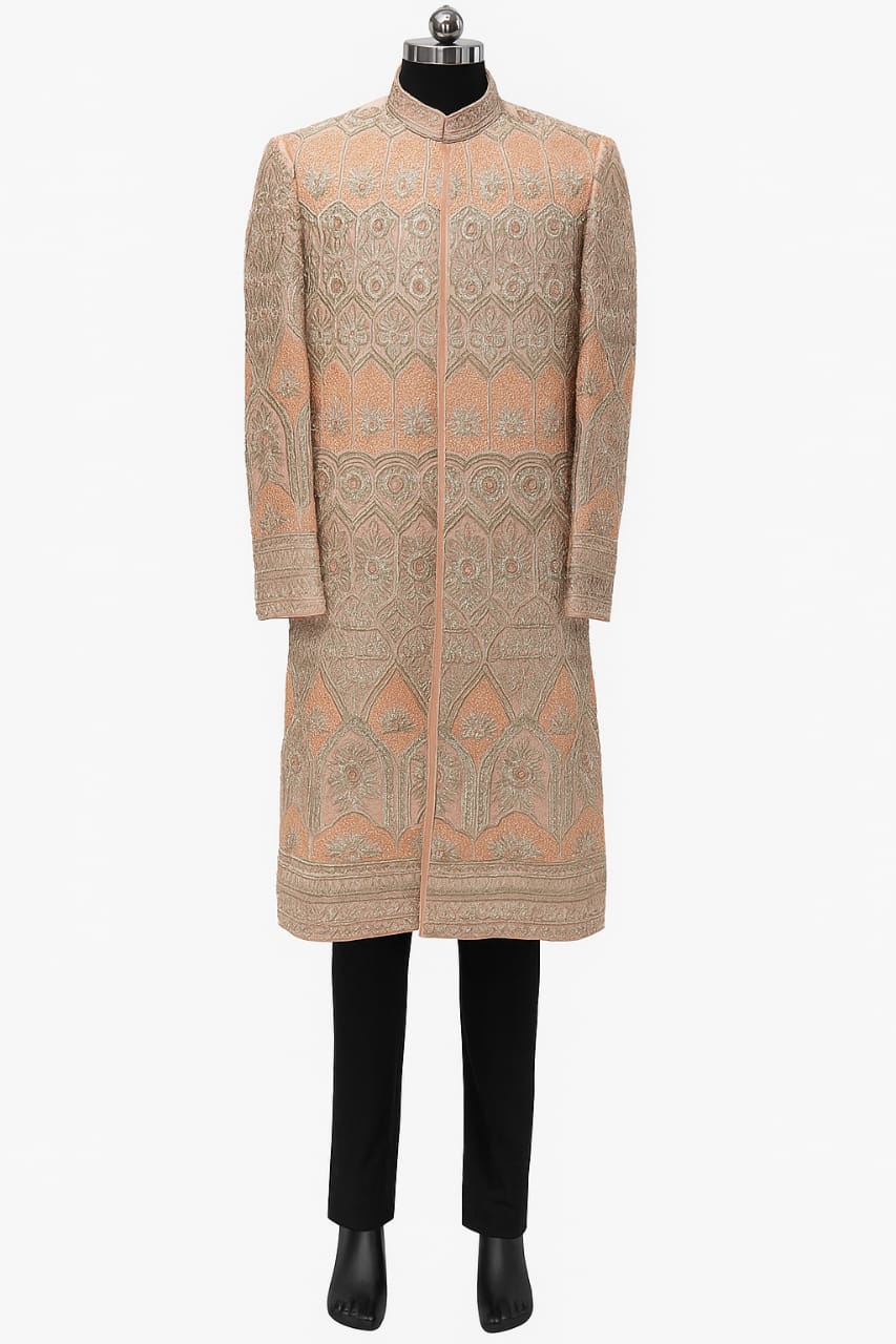 PINK PANI GOLD EMBROIDERED GROOM SHERWANI SET