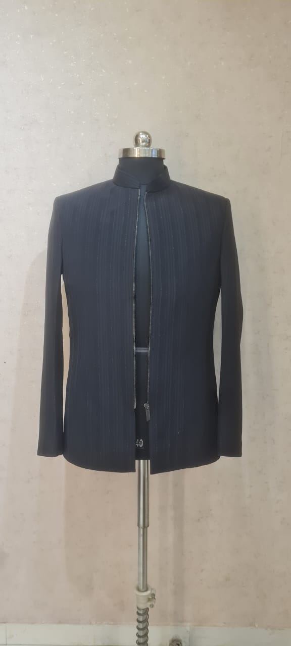 BLACK SELF STRIP JODHPURI WITH ZIP