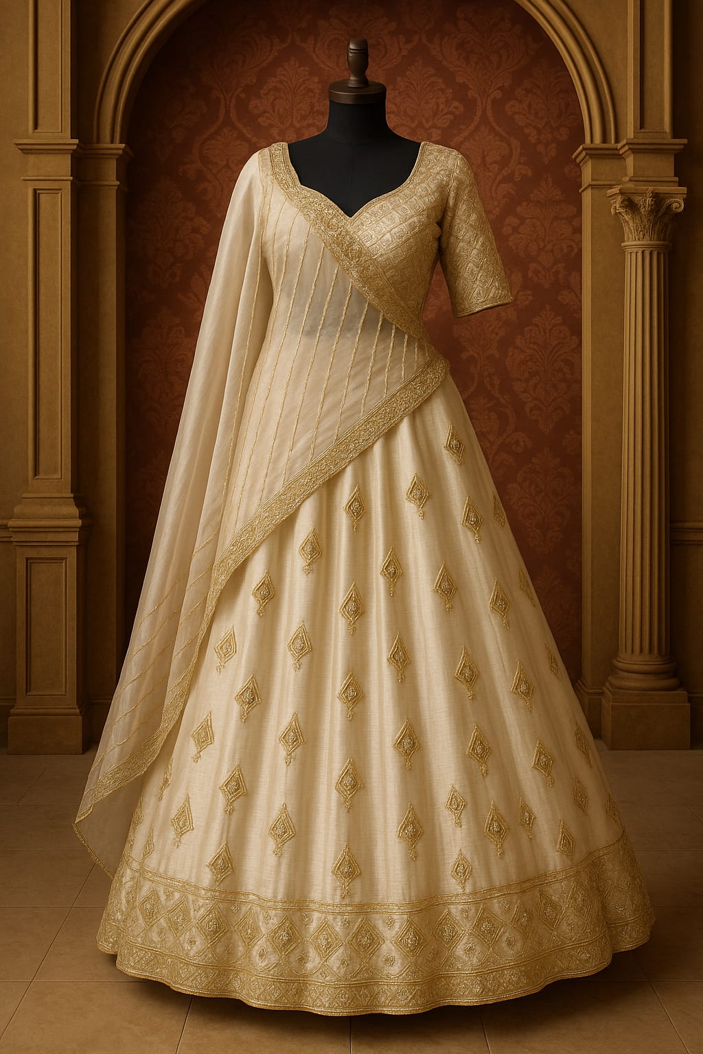 CREAM PURE SILK LEAF SCALLOP LEHENGA