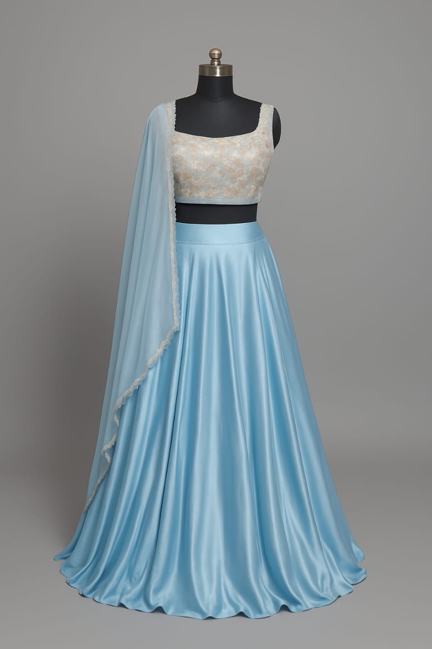 LIGHT BLUE PLAIN LEHENGA  SELF KARDANA  BLOUSE