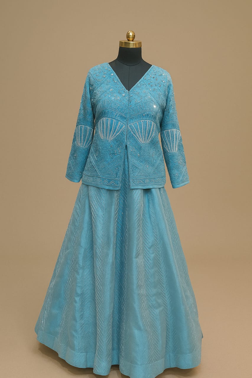 BLUE KARDANA JACKET STYLE LEHENGA SET