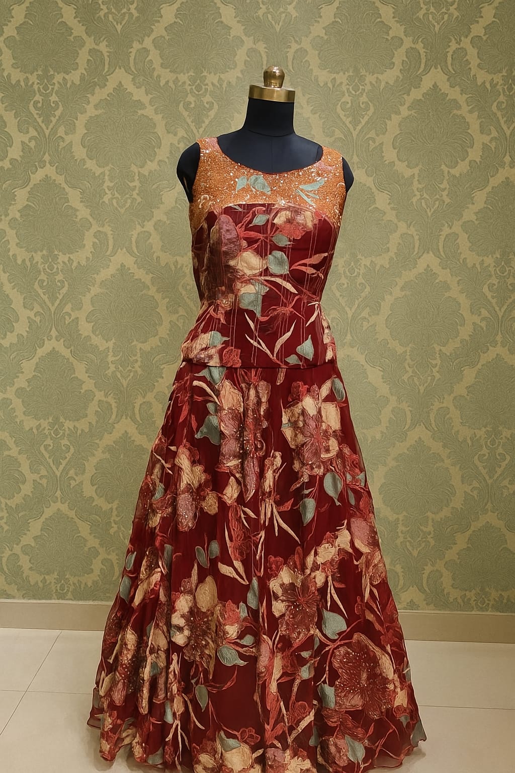 maroon printed highlited work corset blouse lehenga set