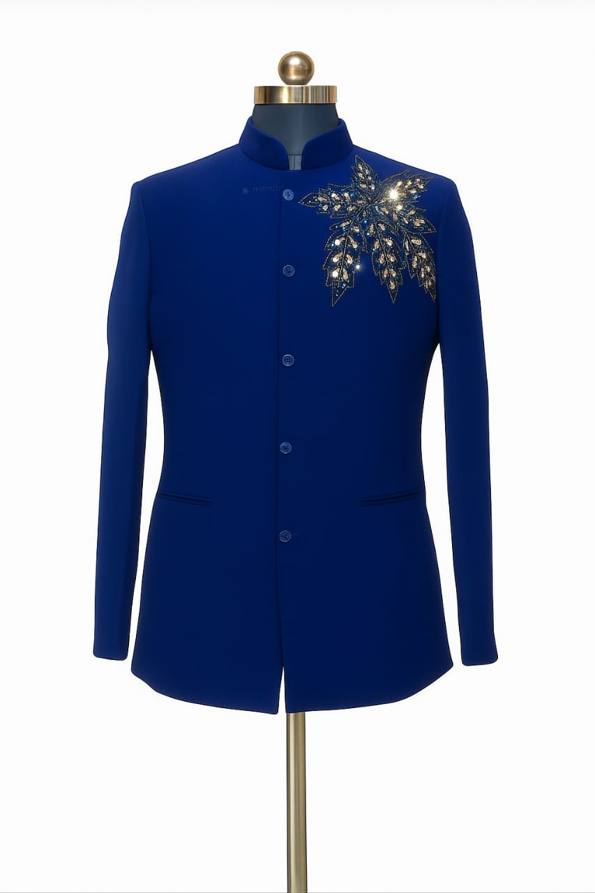 BLUE AUTUMN LEAF ON SHOULDER JODHPURI SET