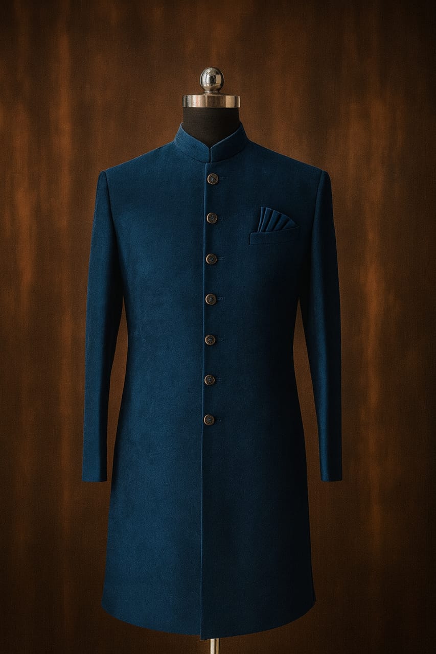BLUE EMBROIDERED PLAIN SHERWANI