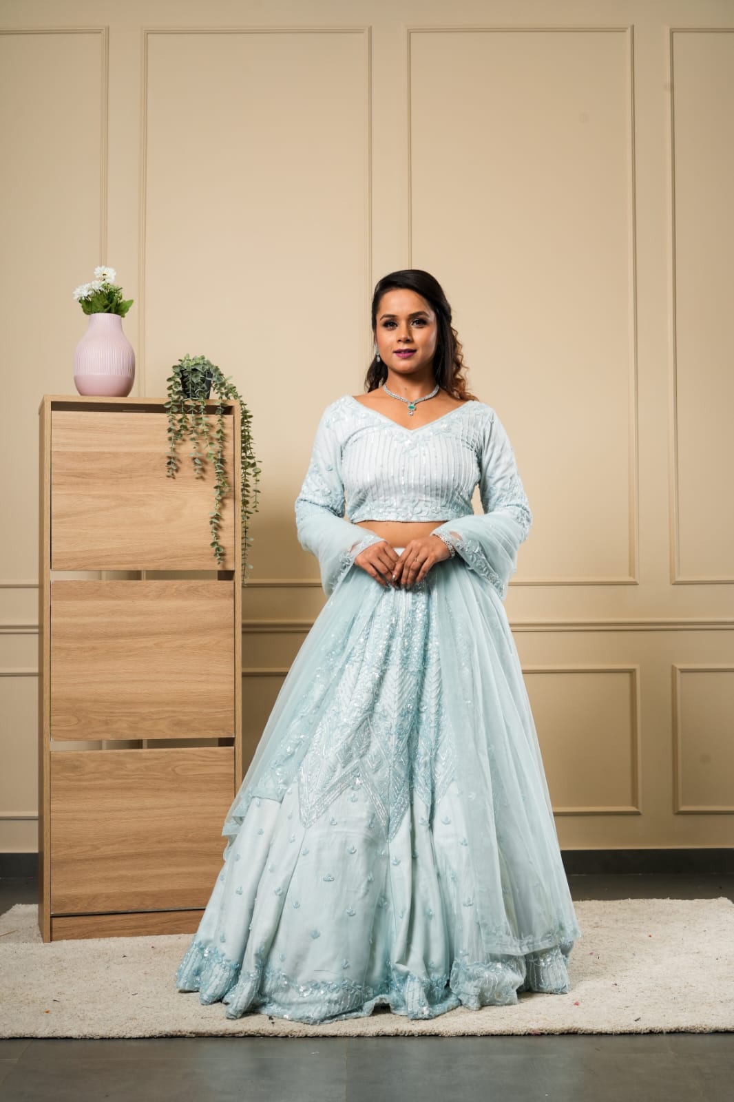 light blue  allover kardana work  lehenga choli