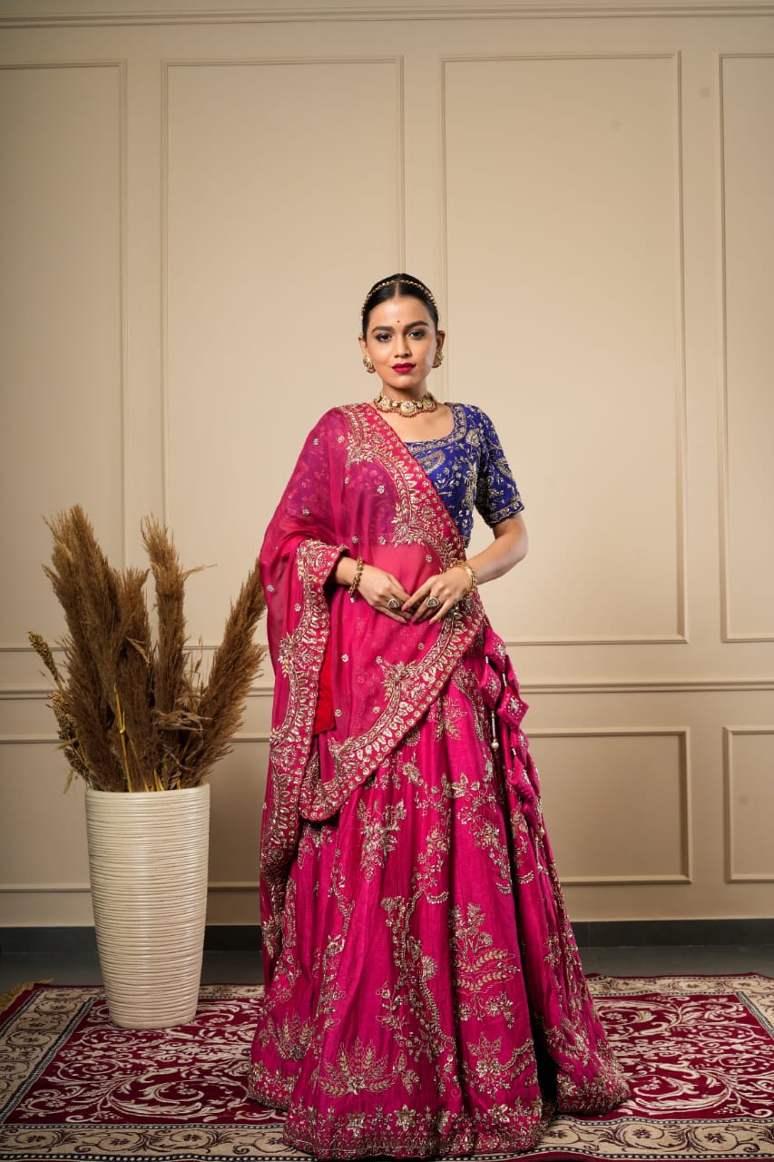 PINK AND PURPLE BLOUSE  GOLDEN ZARDOSI WORK LEHENGA CHOLI